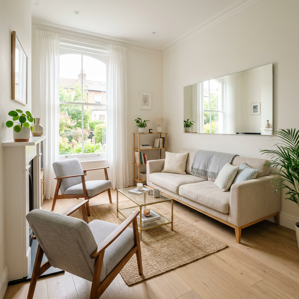 Living room with beige sofa, two gray armchairs, glass coffee table, and large window