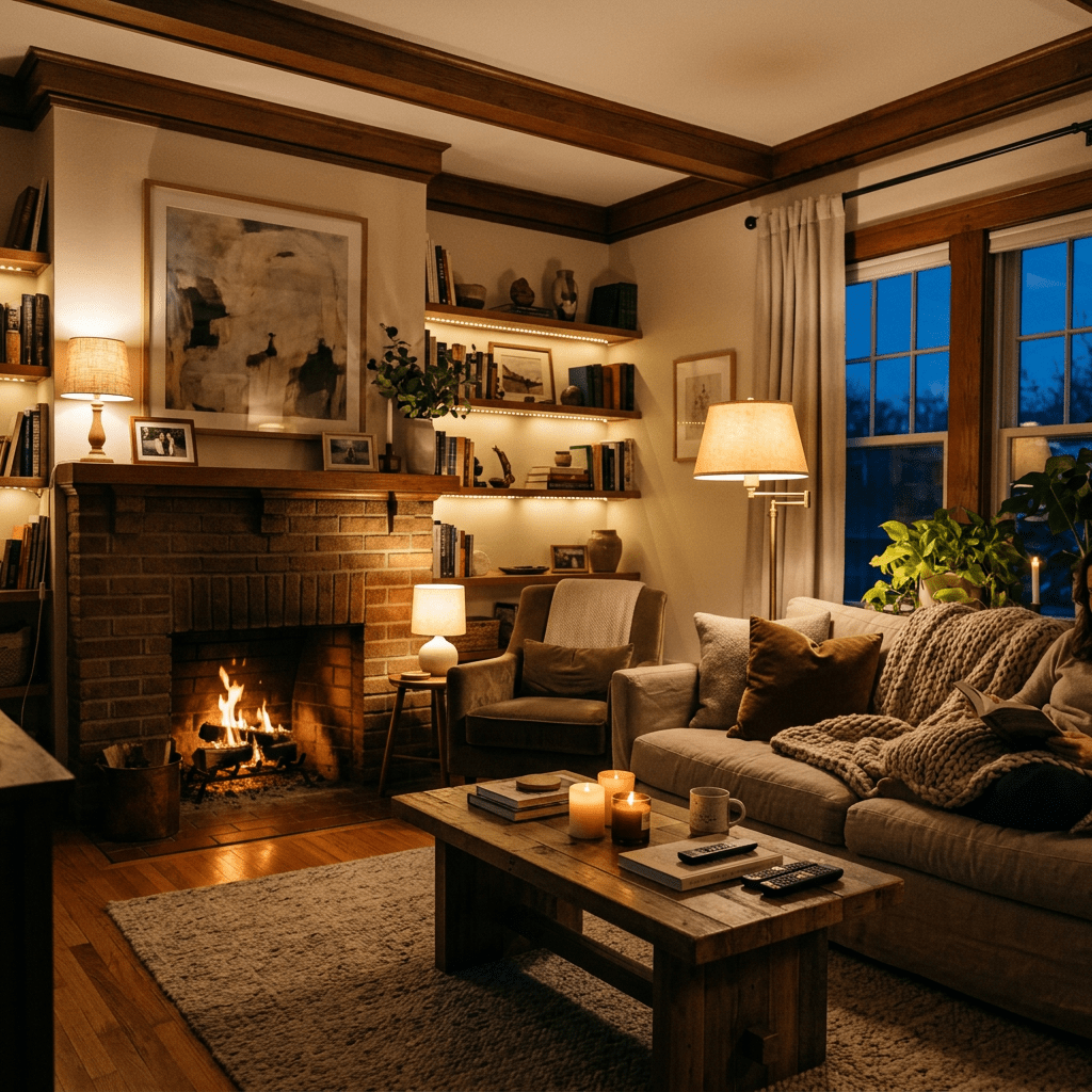 Living room with a lit fireplace, wooden shelves, comfortable sofa with cushions, and a person reading