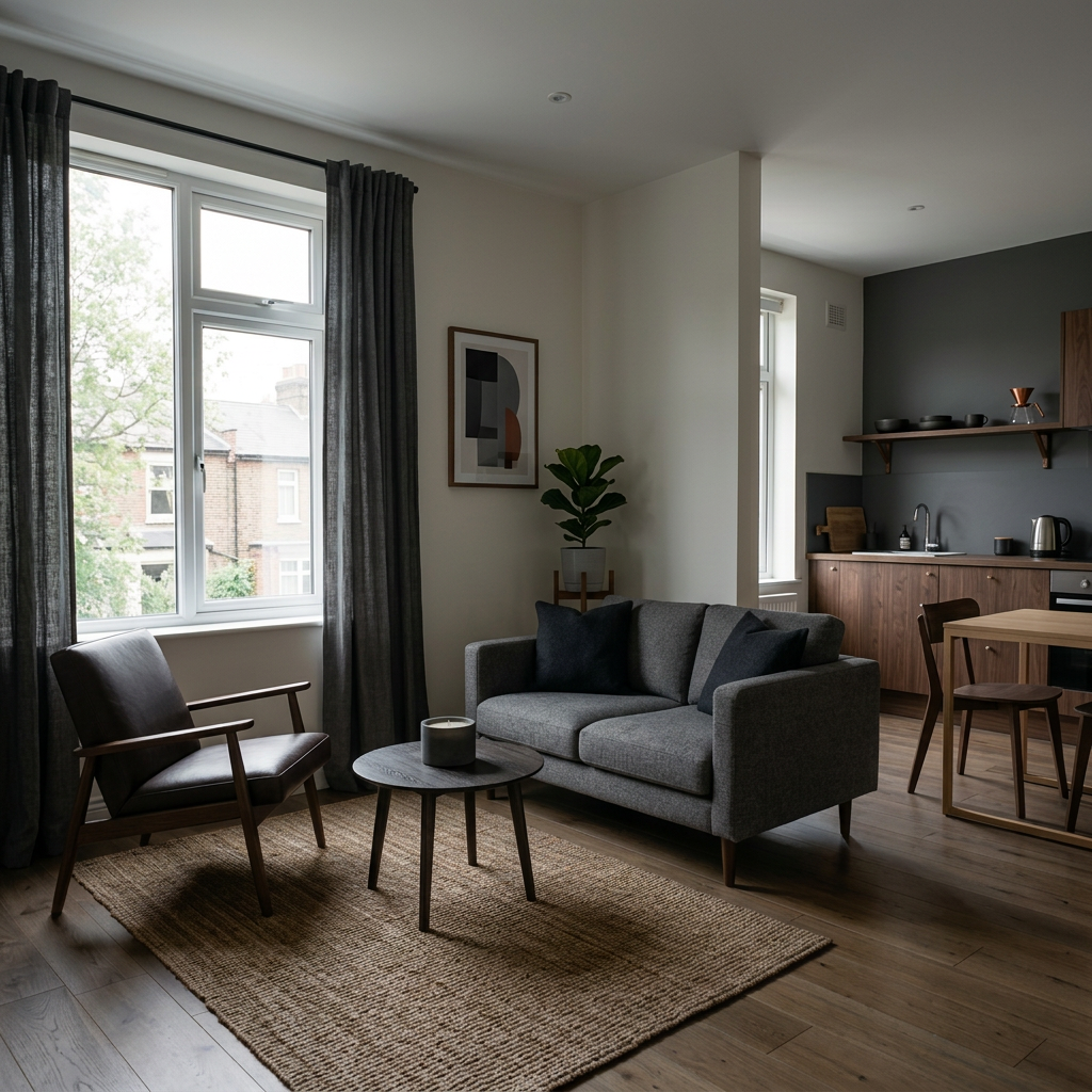 Bright Scandinavian living room with beige sofa, wooden chair, and small round table