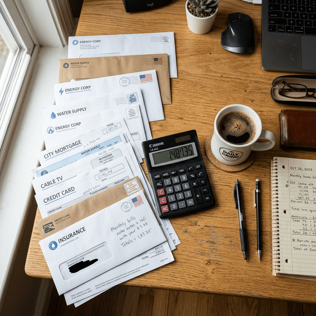Monthly bills, calculator displaying 1487.35, coffee cup, notepad with handwritten notes, pens, and eyeglasses on wooden desk