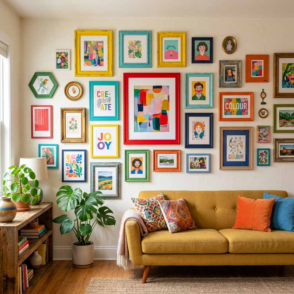 Gallery wall with diverse colorful framed artwork above a mustard yellow mid-century modern sofa
