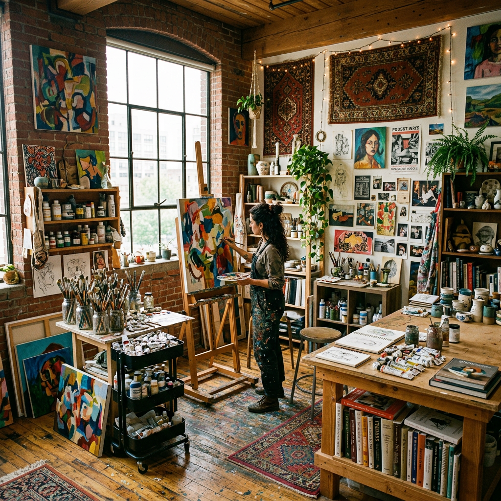 Artist painting abstract art in a well-lit studio filled with brushes, paint tubes, shelves, and wall art