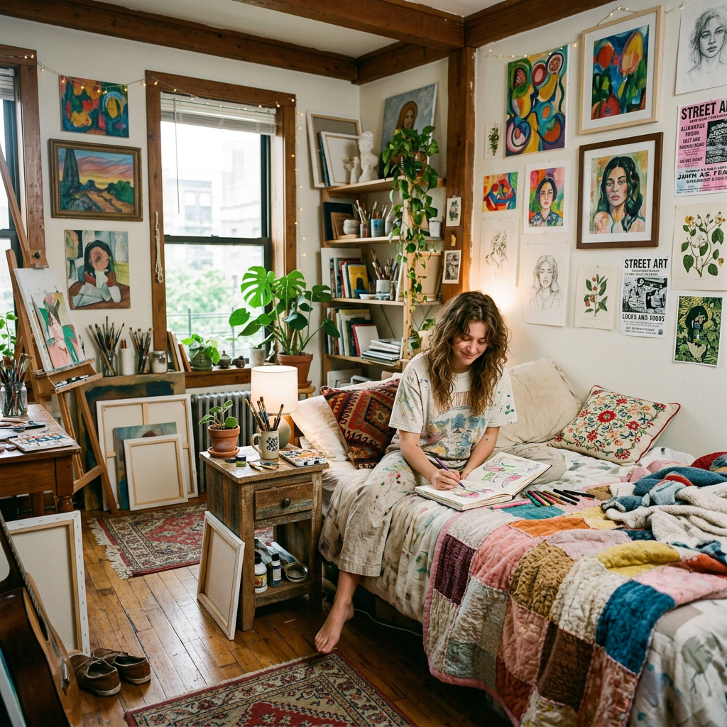 Young woman sketching in a vibrant, plant-filled artist studio with paintings on walls