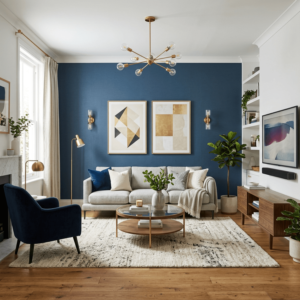 Living room with blue wall, beige sofa, navy armchair, and wooden furniture