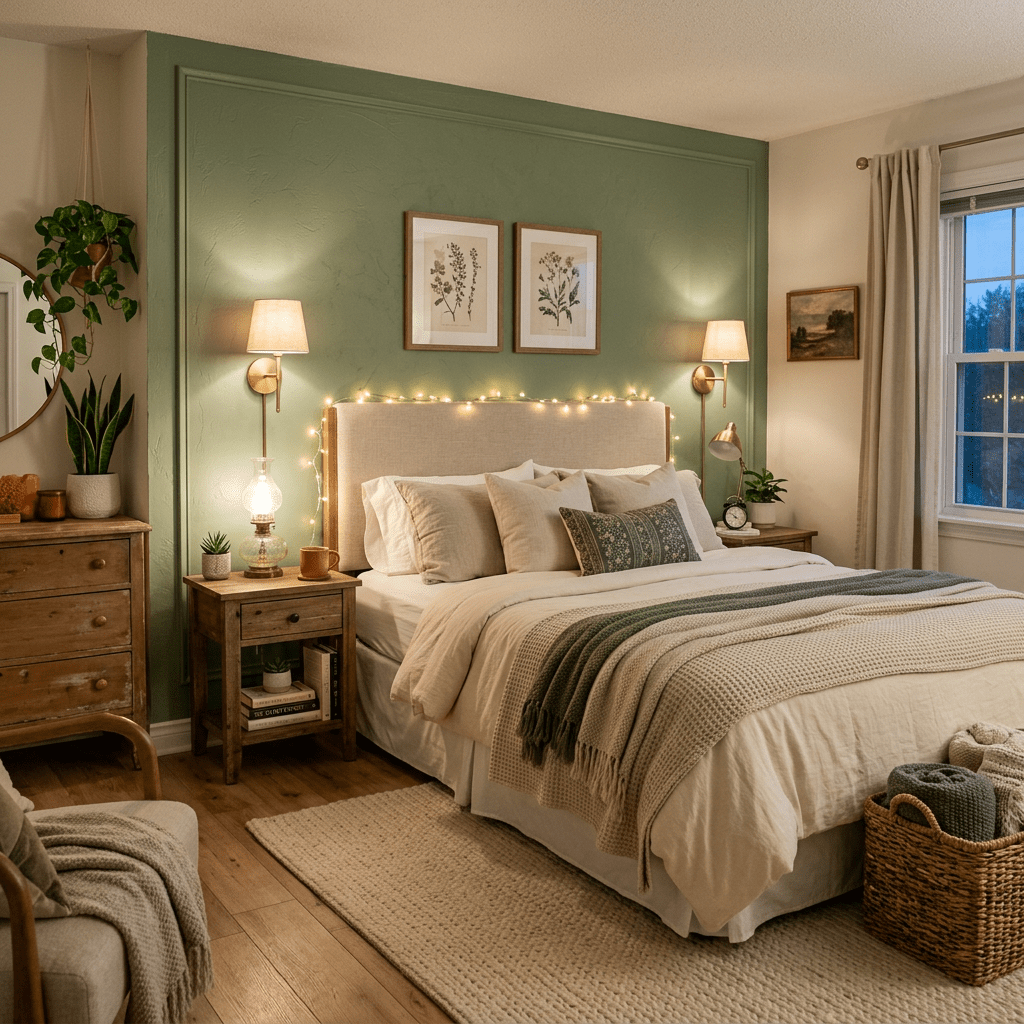 Bed with beige and green bedding against green accent wall with framed botanical prints and string lights