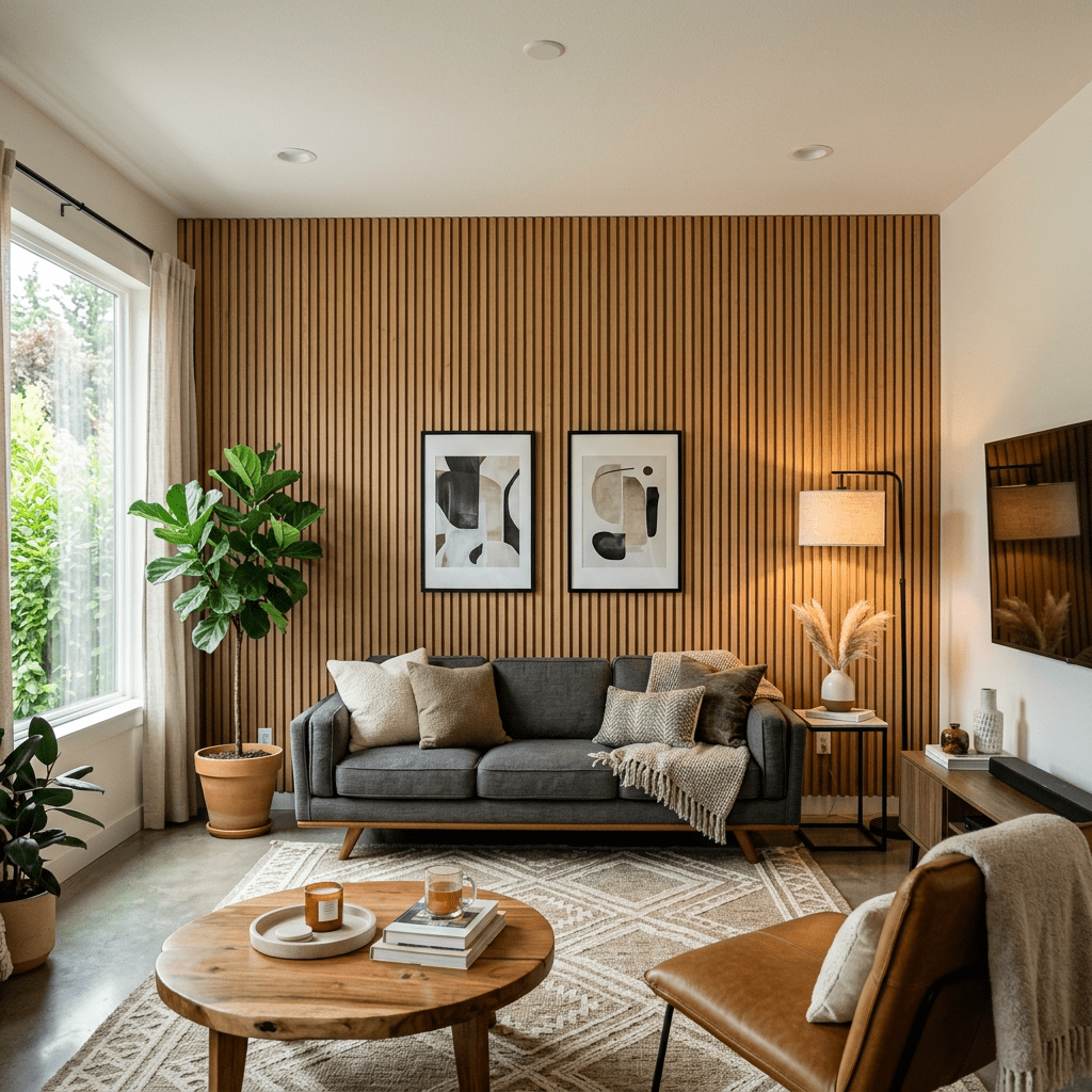 Living room with gray sofa, wooden slat wall, round wooden coffee table, and leather chair