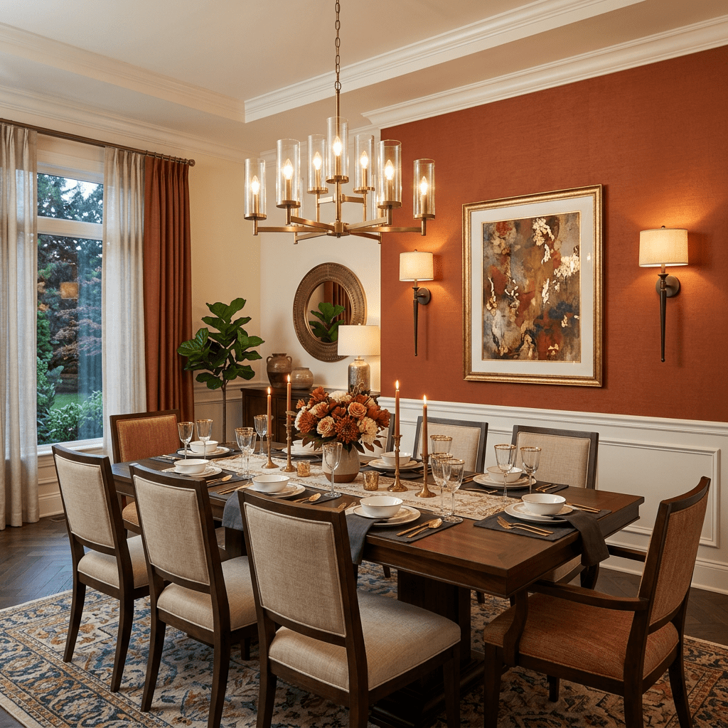 Formal dining room with wooden table set for eight, warm orange accent wall, chandelier, and floral centerpiece