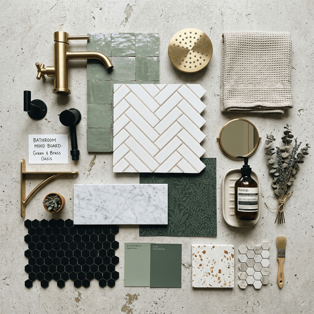 Flat-lay collage bathroom design elements