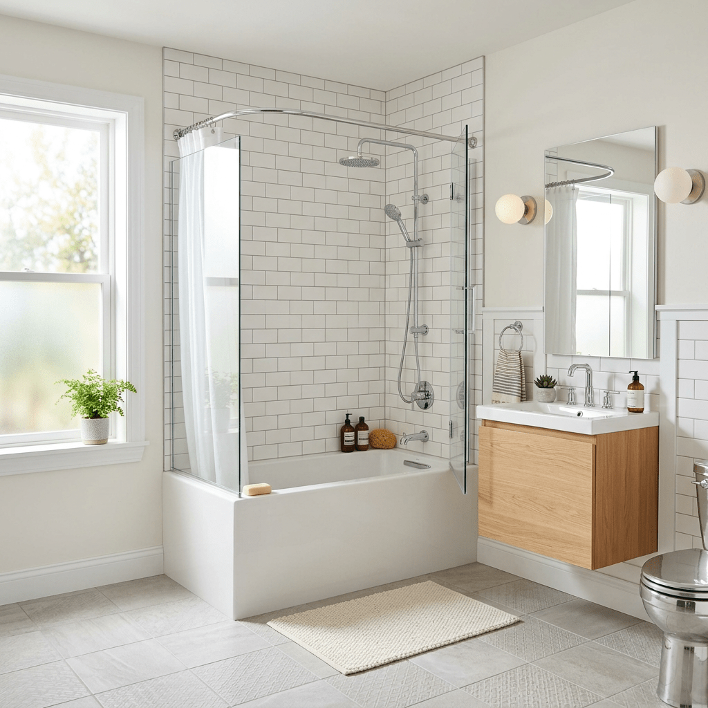 Bathroom with bathtub, glass shower screen, tiled walls, wood vanity with sink, and window with plant