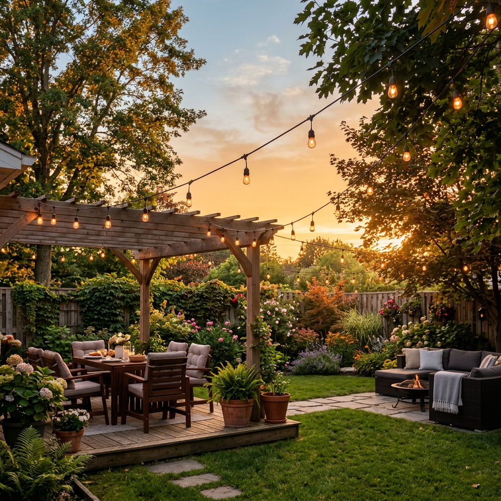 Backyard patio with wooden pergola, dining table, chairs, string lights, and garden seating area