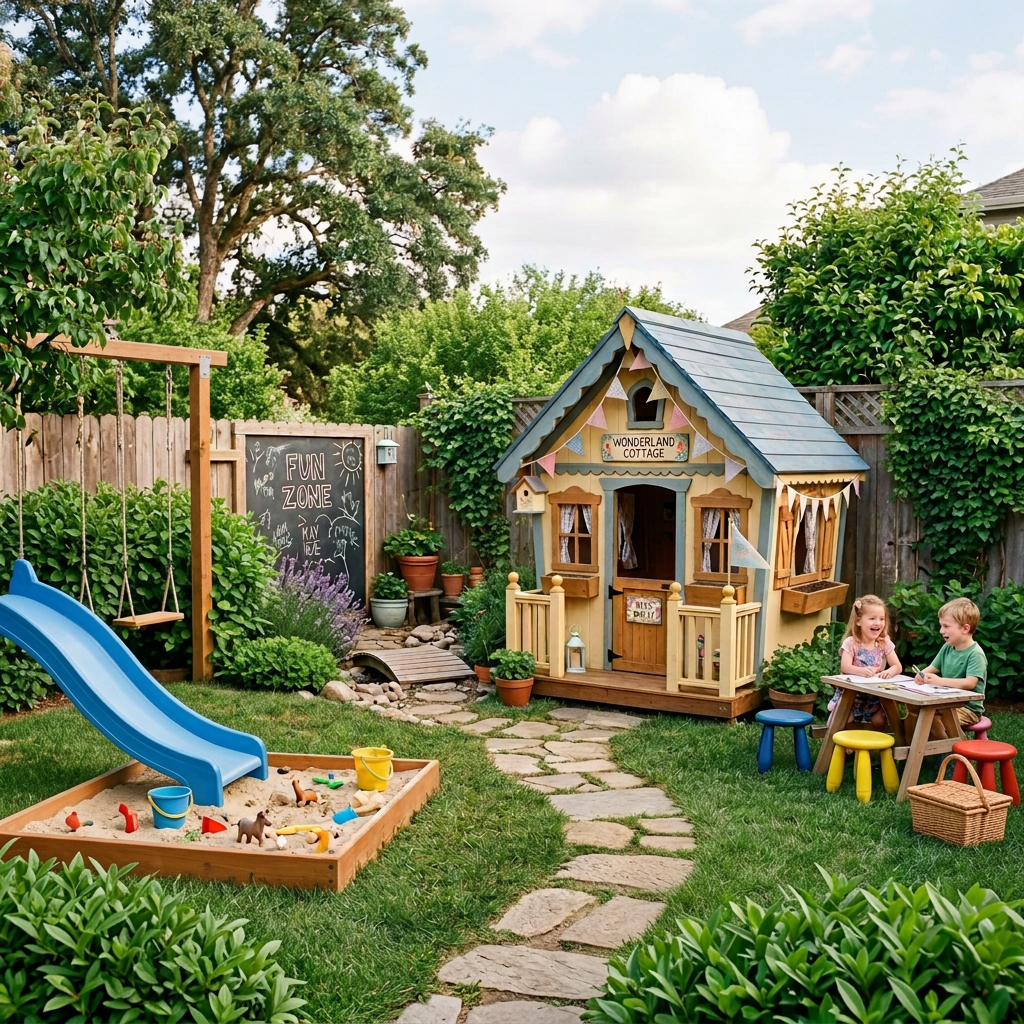 Garden play area with slide, sandbox, playhouse, and children drawing