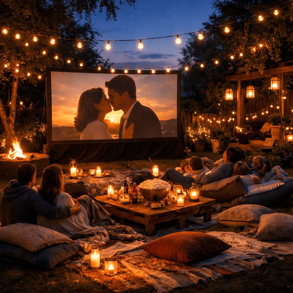 Group watching romantic movie projected on outdoor screen at night
