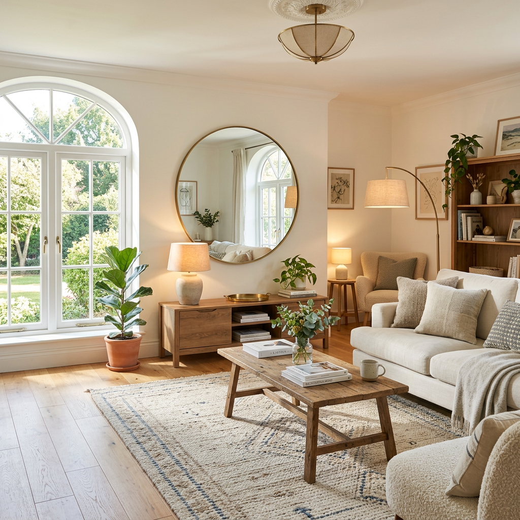 Bright living room with beige sofa, wooden coffee table, large round mirror, and plants