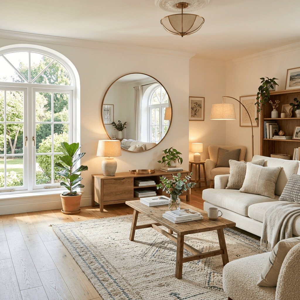Bright living room with beige sofa, wooden coffee table, large round mirror, and plants