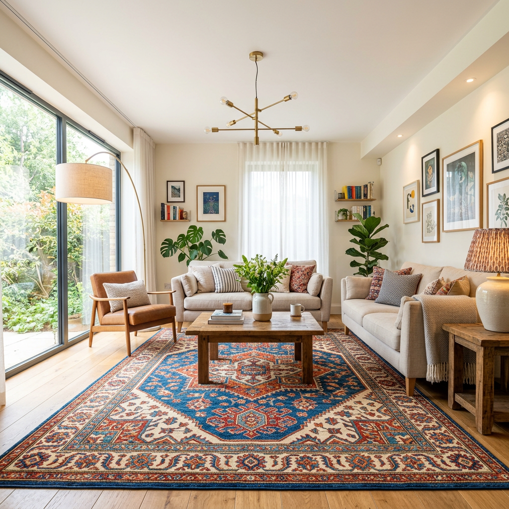 Cozy living room with two beige sofas, a wooden coffee table on a colorful patterned rug, plants, and large windows letting in natural light.