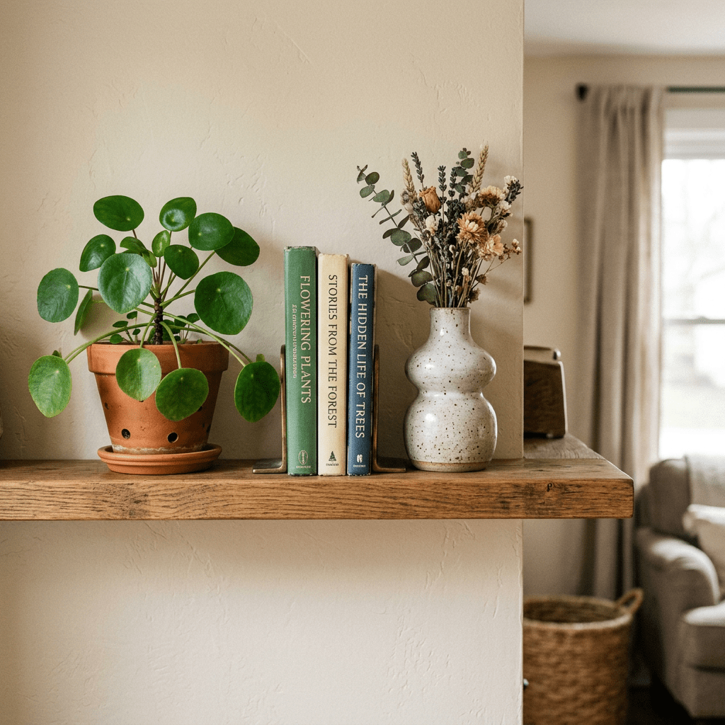Wooden shelf holding a potted green plant, three nature books, and a ceramic vase with dried flowers
