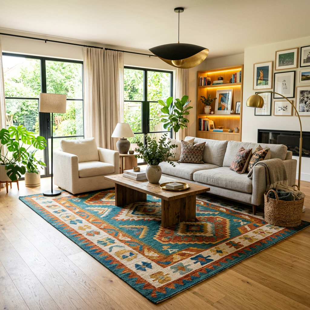 Living room with white armchair, beige sofa, colorful patterned rug, wooden coffee table, and large windows