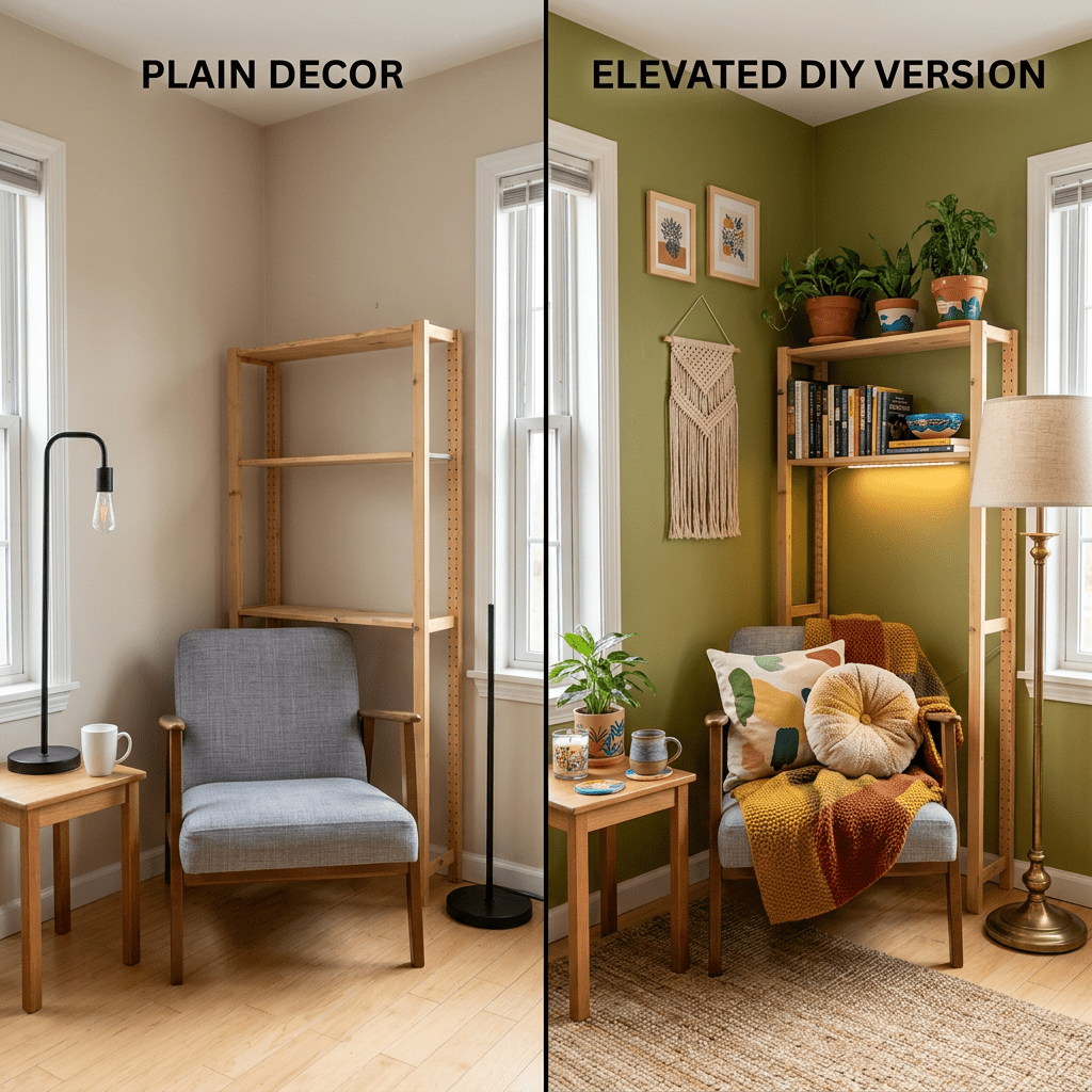 Side-by-side comparison of a plain room corner and a decorated reading nook with plants and books.