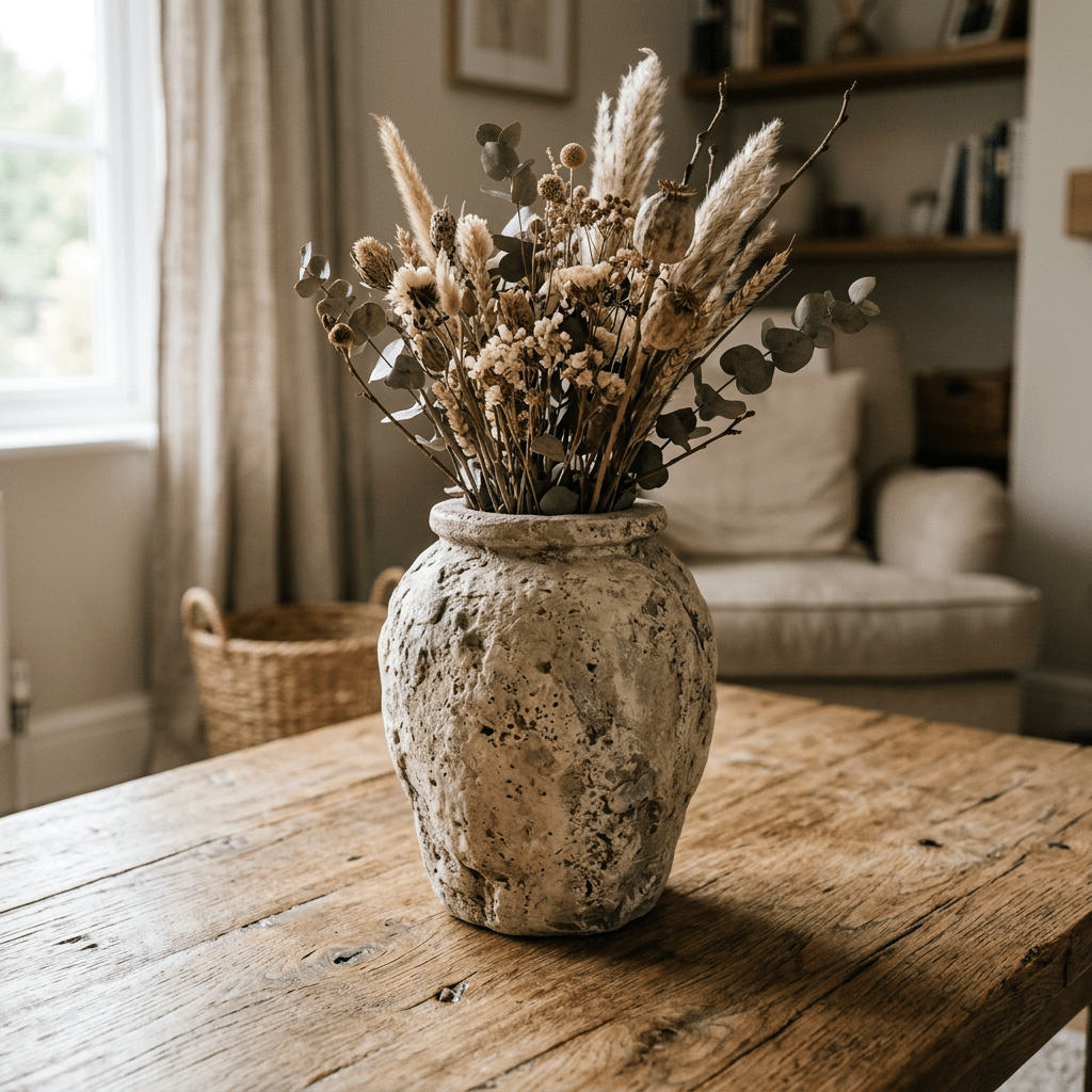 Stone vase with dried flowers on wooden table in cozy living room