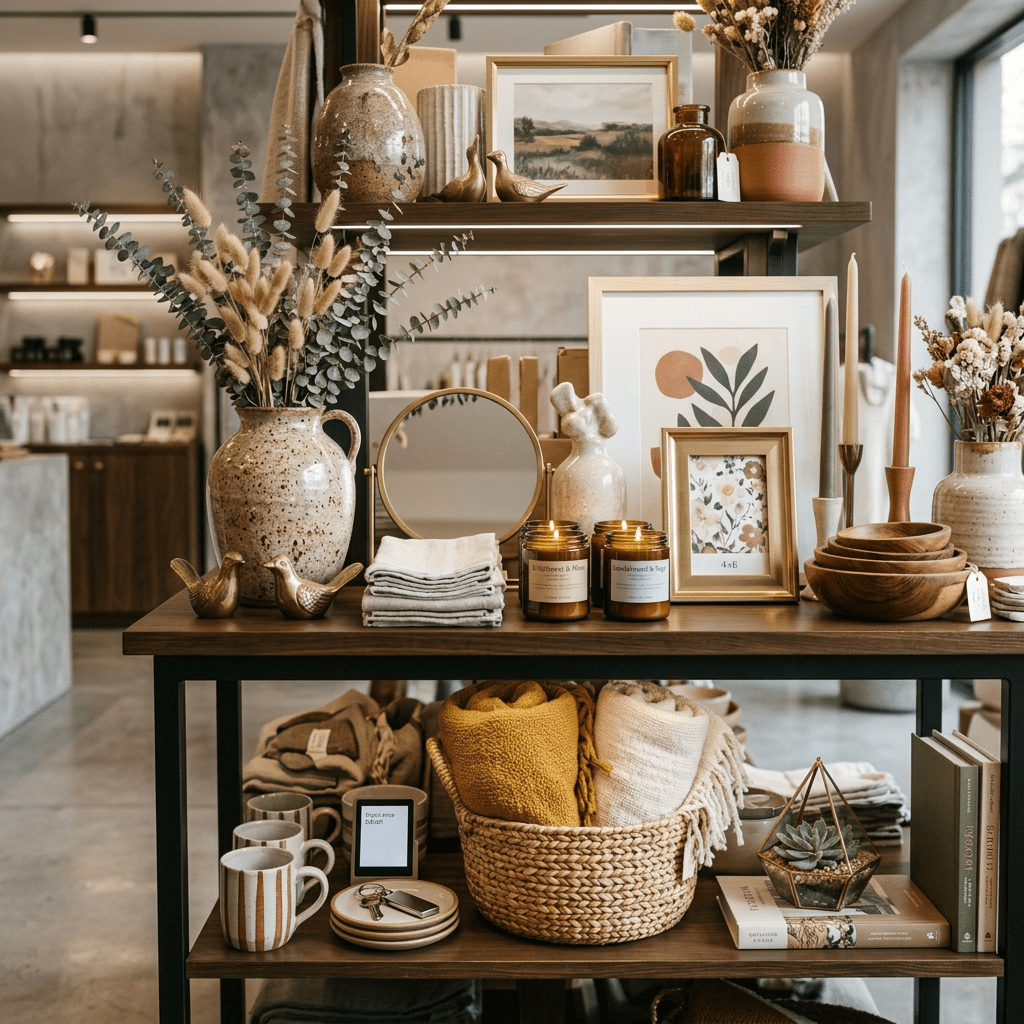 Rustic home decor items including vases, framed art, candles, bowls, textiles, and ceramic mugs on wooden shelves