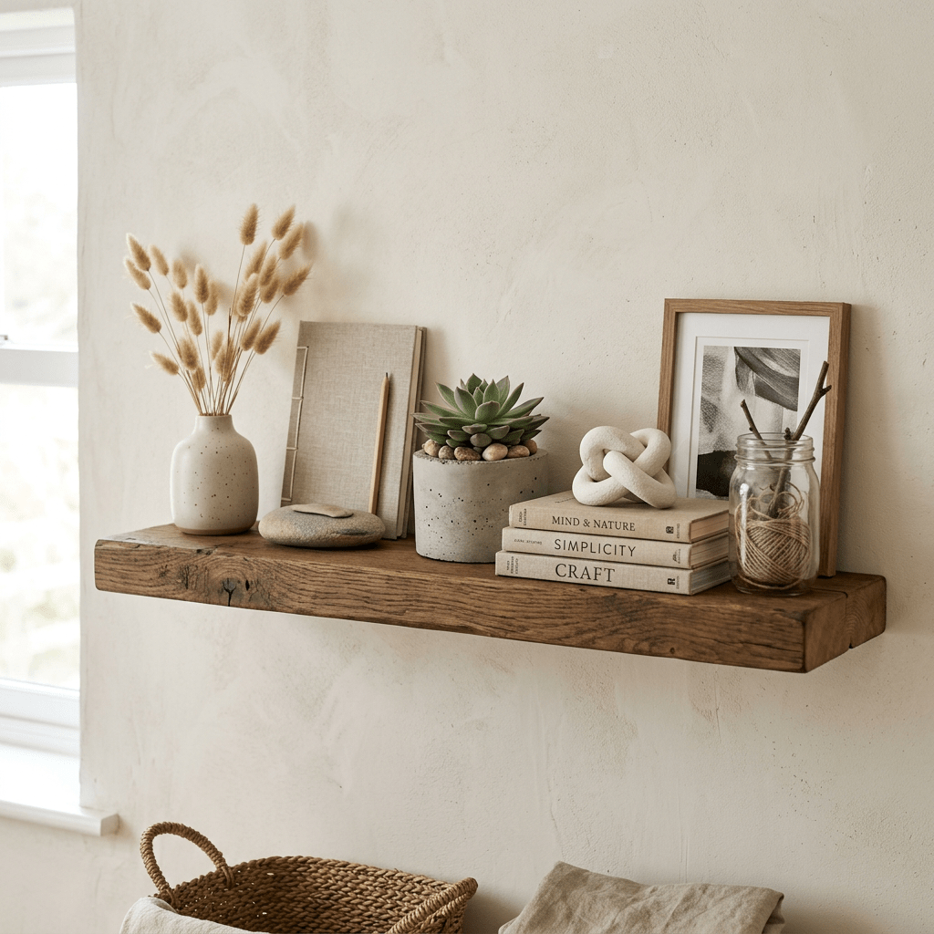 Wooden shelf with dried flowers, notebooks, succulent plant, books, decorative sculpture, picture frame, and jar with twine