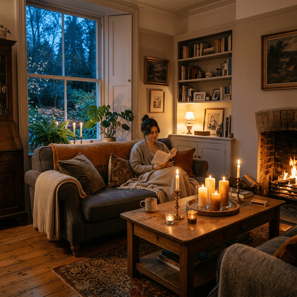 Woman reading a book on a couch next to a lit fireplace and candles