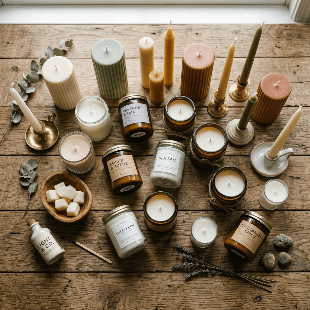 Various scented candles in jars and pillars on wooden table with eucalyptus and lavender sprigs