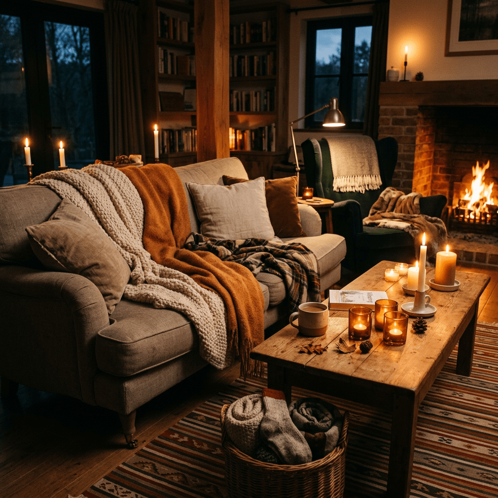 Living room with sofa, armchair, lit candles, and a fireplace