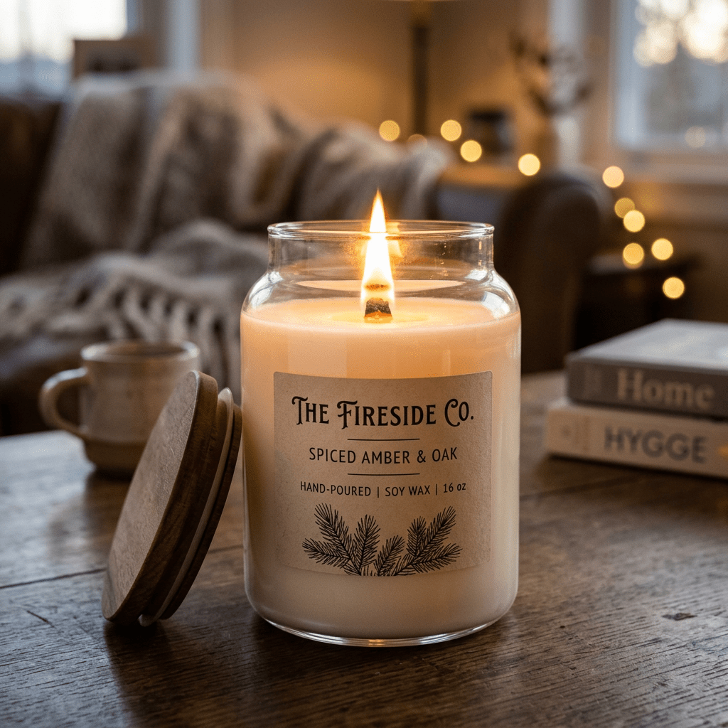 Lit candle labeled The Fireside Co. spiced amber and oak on wooden table