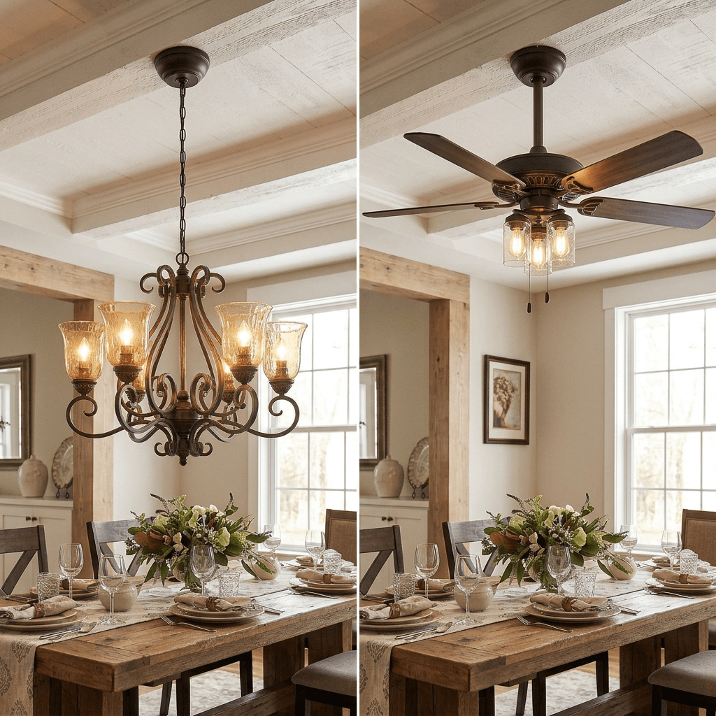 Dining room with wooden table, chairs, chandelier ceiling fan, and natural light from window