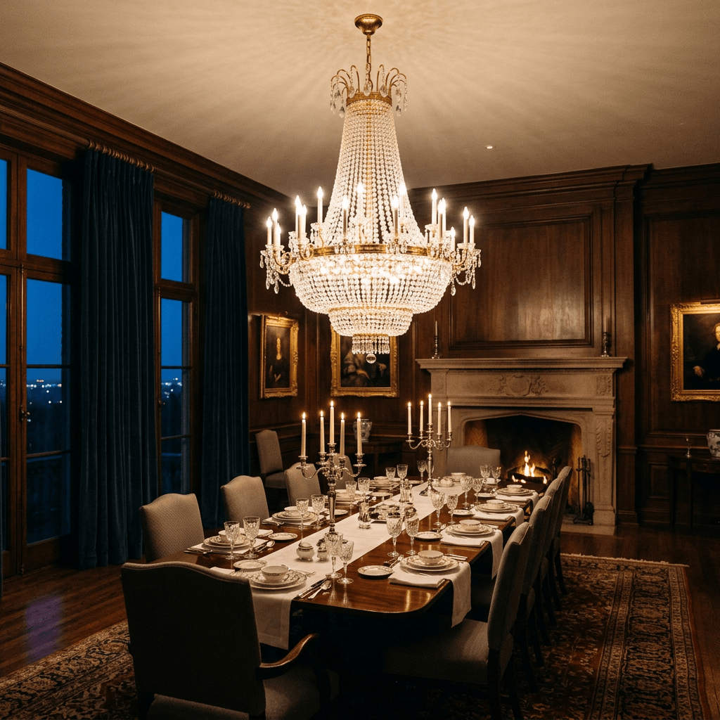 Formal dining room with long table, set dinnerware, crystal chandelier, and lit fireplace