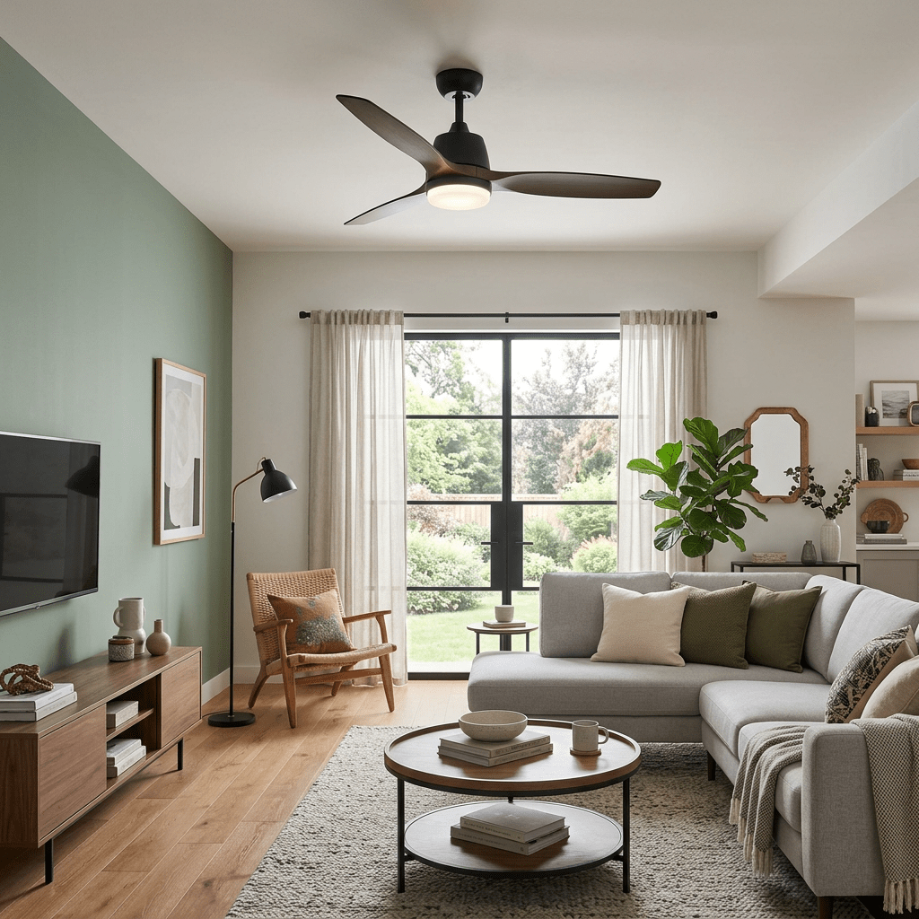 Living room with gray sectional sofa, wooden coffee table, green accent wall, and large window overlooking garden