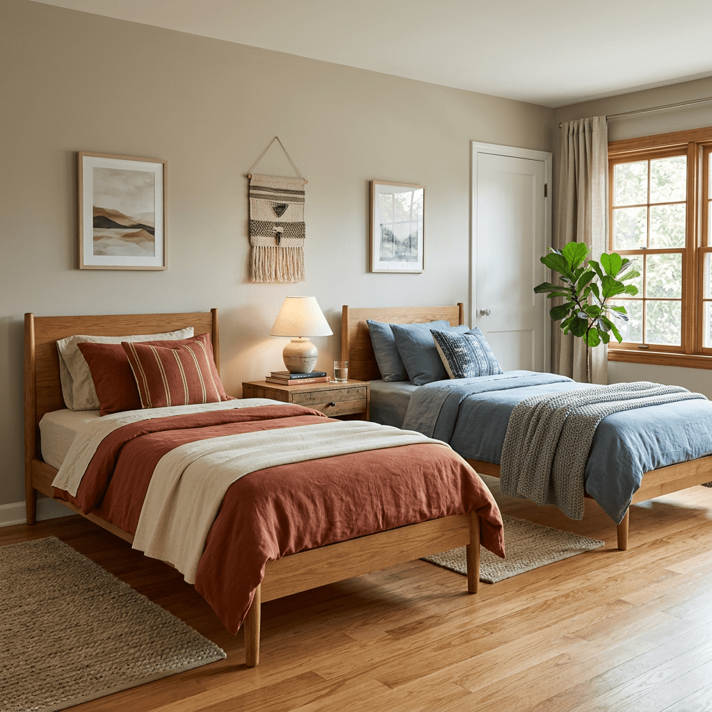 Two twin beds with rust and blue bedding, wooden nightstand with lamp, wall art, and large window with curtains