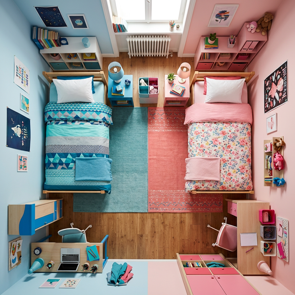Shared kids bedroom divided into blue side with geometric bedding and pink side with floral bedding