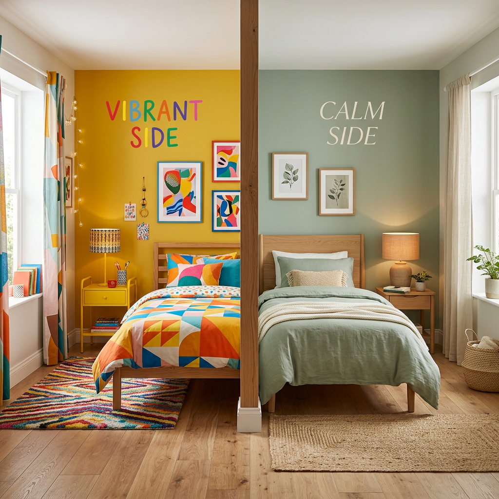 Bedroom divided into two halves labeled Vibrant Side with colorful decor and Calm Side with muted tones