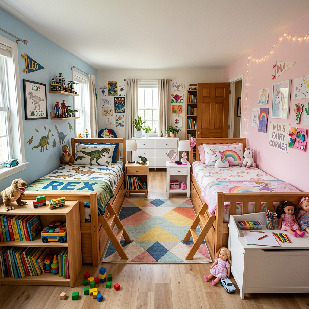 Kids bedroom with two twin beds, one with dinosaur bedding and decor, the other with unicorn and rainbow bedding and decor