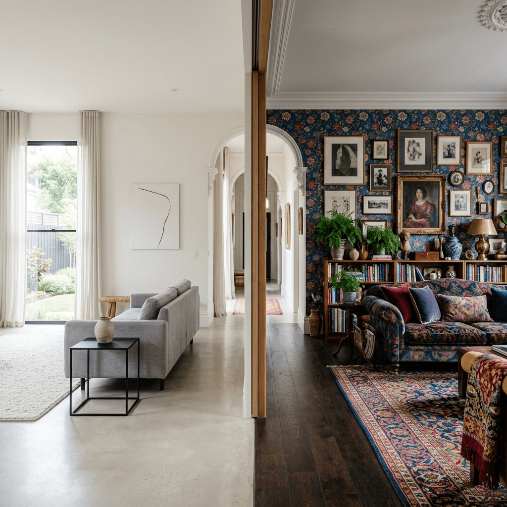 Split view of a minimalist modern living room and a richly decorated vintage living room