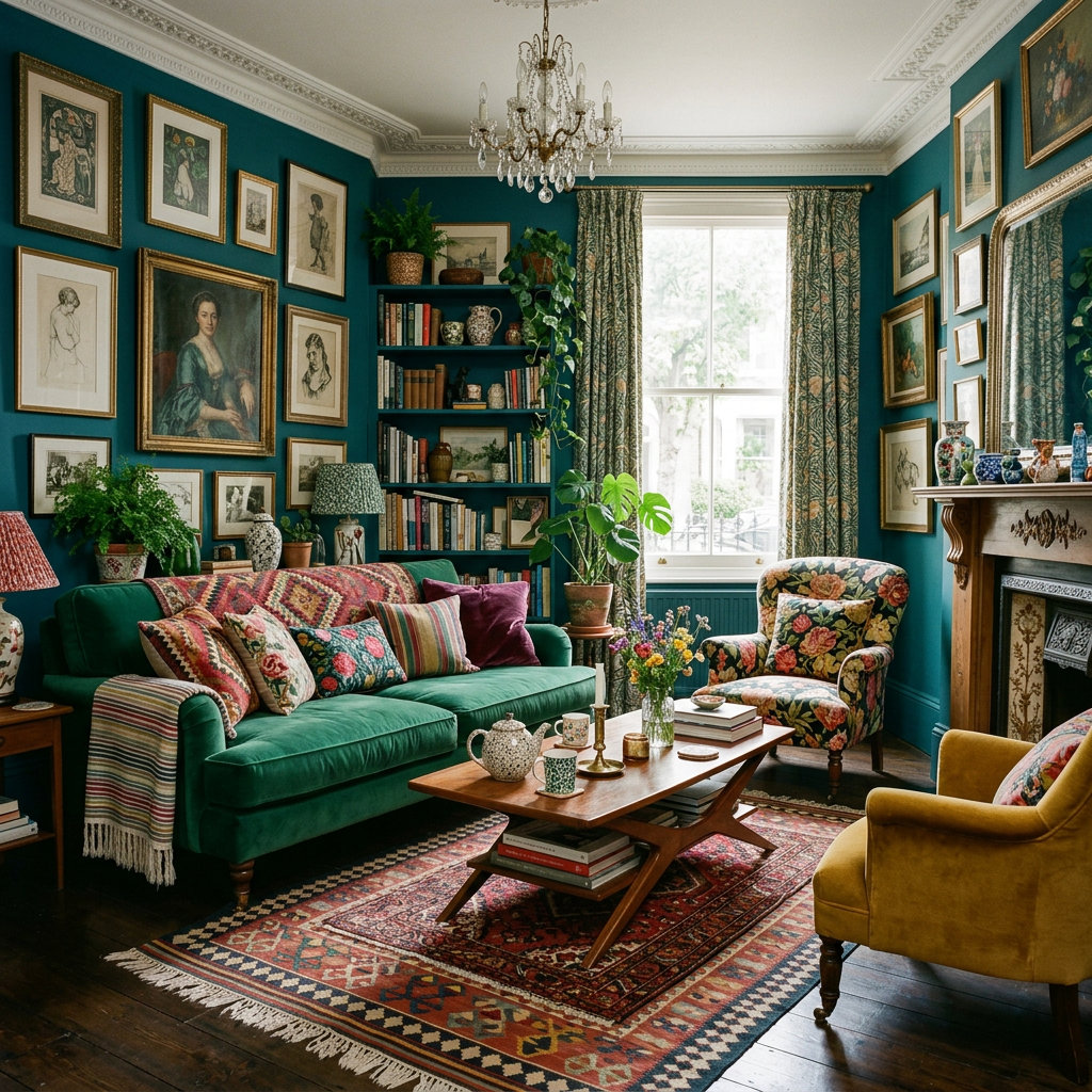 Living room with green sofa, floral armchair, yellow chair, wooden coffee table, framed portraits on teal walls, and a chandelier