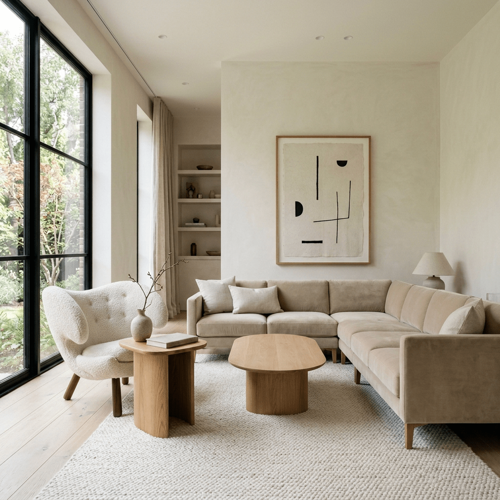 Cozy white armchair next to wooden side table by large window in minimalist living room.