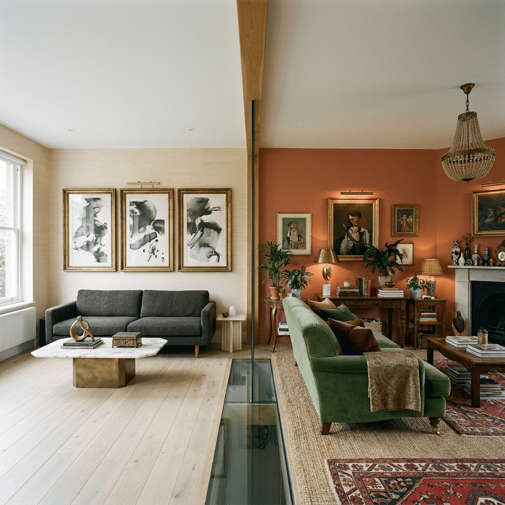 Living room split into minimalist side with grey sofa and white walls and vintage side with green velvet sofa, paintings, and warm colors
