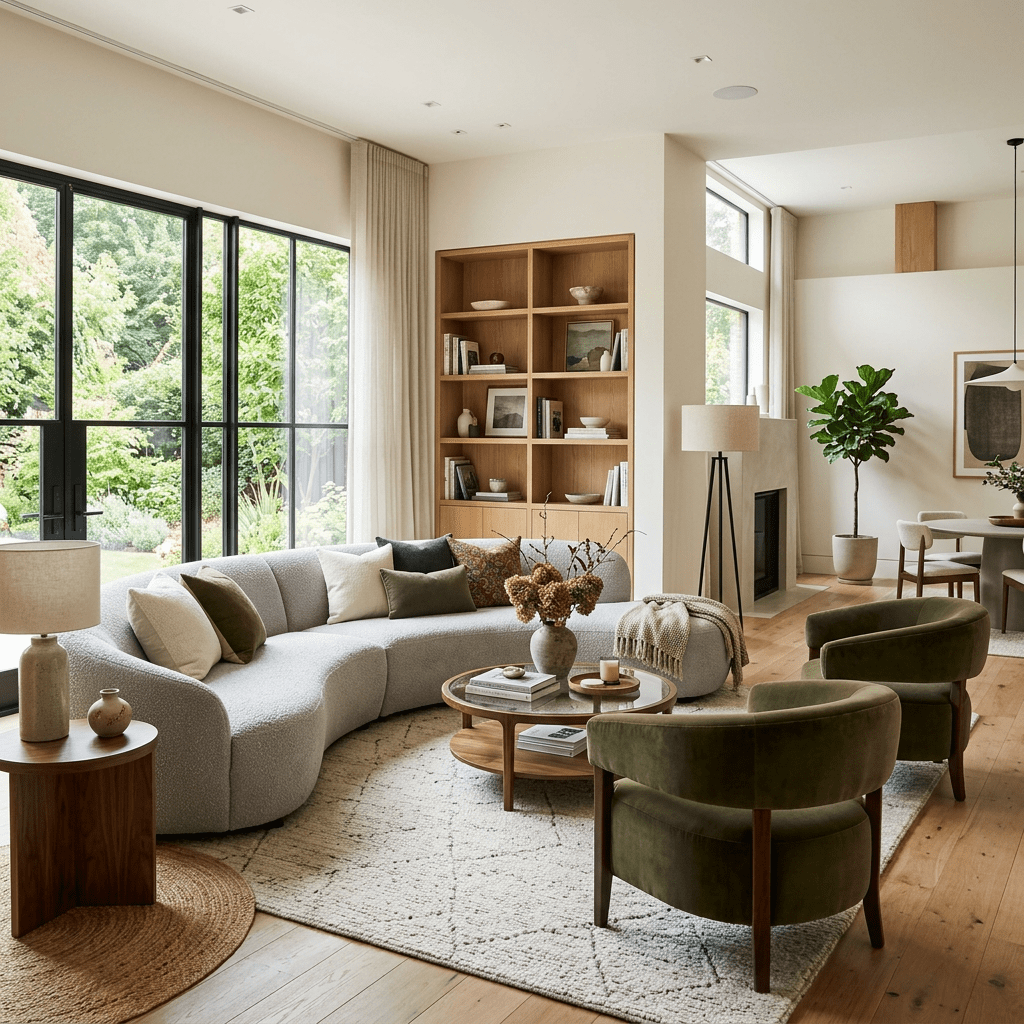 Living room with curved gray sofa, green armchairs, wooden shelves, and large windows
