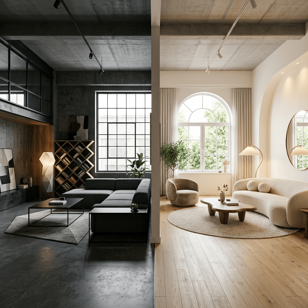 Two adjacent living rooms displaying industrial dark decor on left and bright cozy decor on right