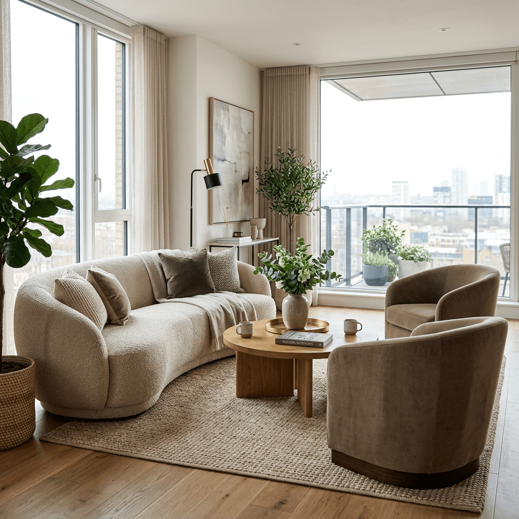 Living room with curved beige sofa, two armchairs, round wooden coffee table with vase, and large windows showing cityscape