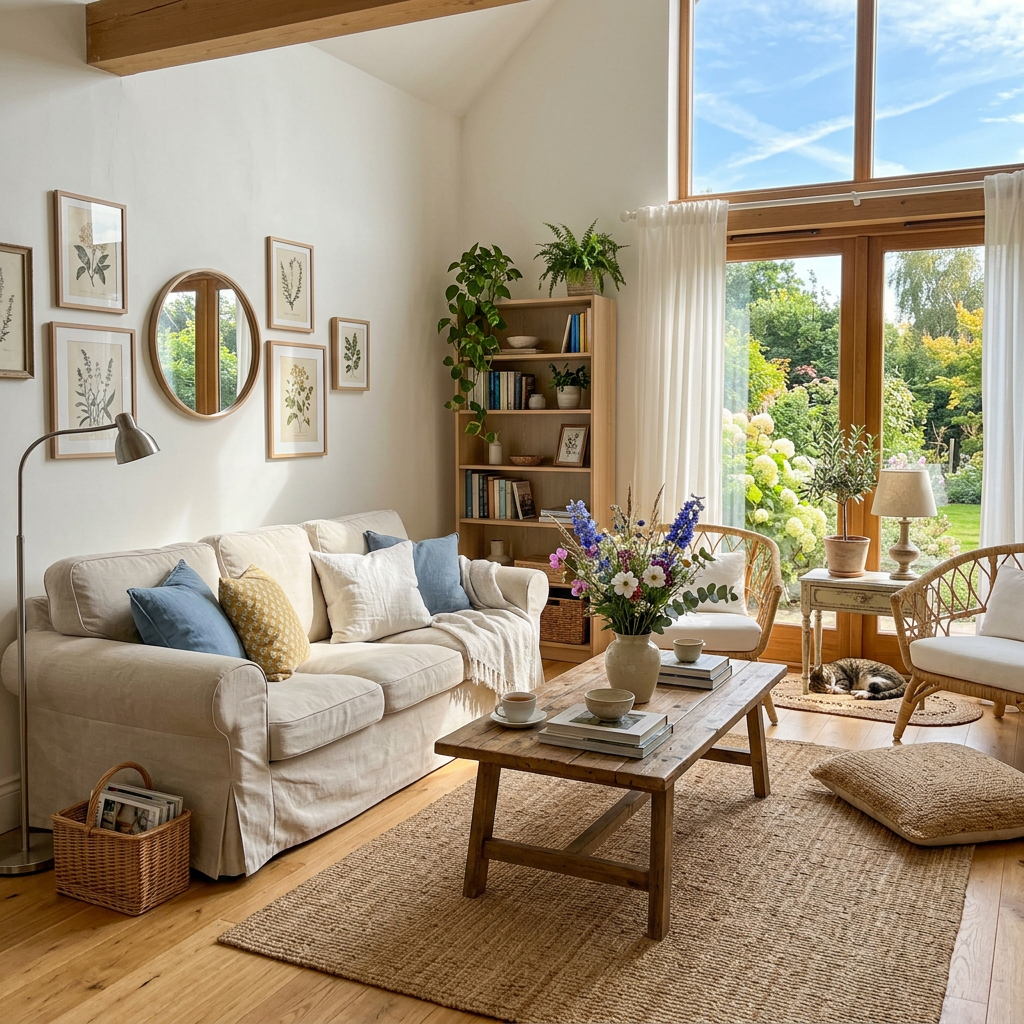 Cozy living room with beige sofa, wooden coffee table, indoor plants, and large glass doors showing garden