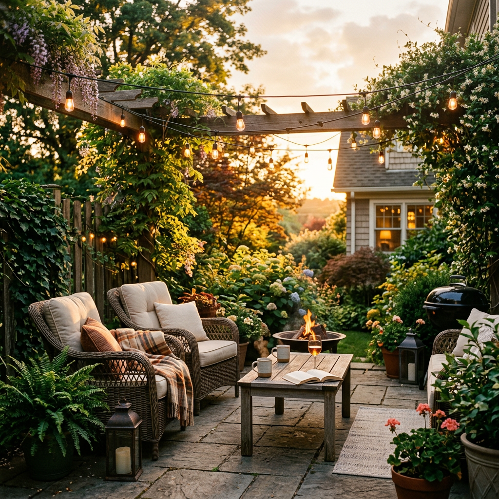 Outdoor garden patio with cushioned wicker chairs, a wooden table, string lights, and a fire pit at sunset.