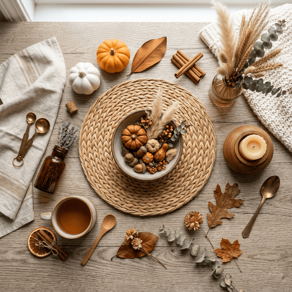 Autumn table setting with small pumpkins, dried leaves, cinnamon sticks, tea, and decorative elements