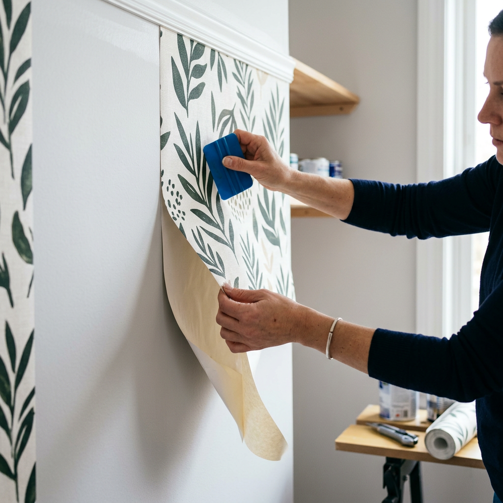 Hands applying and smoothing floral patterned wallpaper on a wall