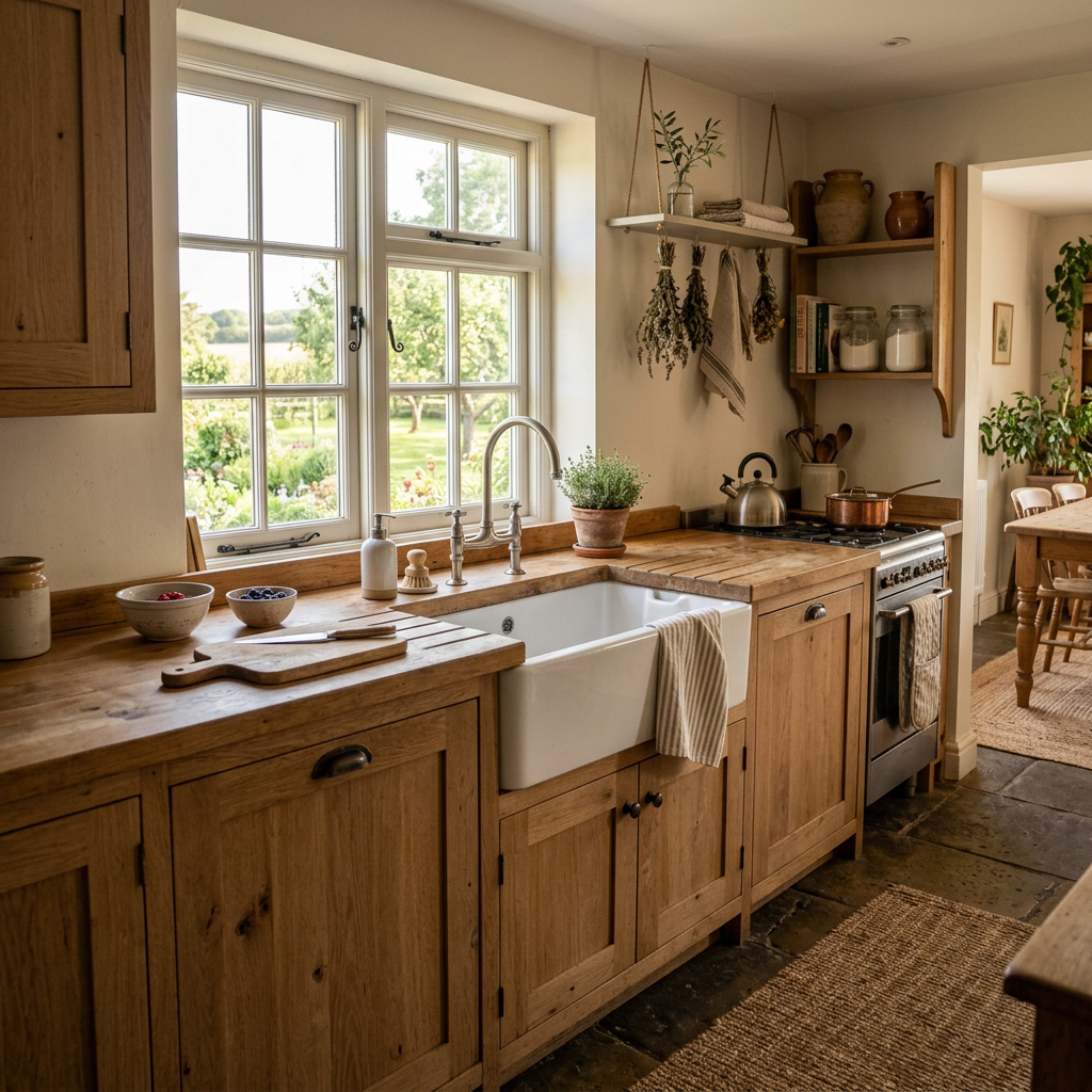 Sunlit farmhouse kitchen with wood cabinets, farmhouse sink, hanging herbs, and garden view