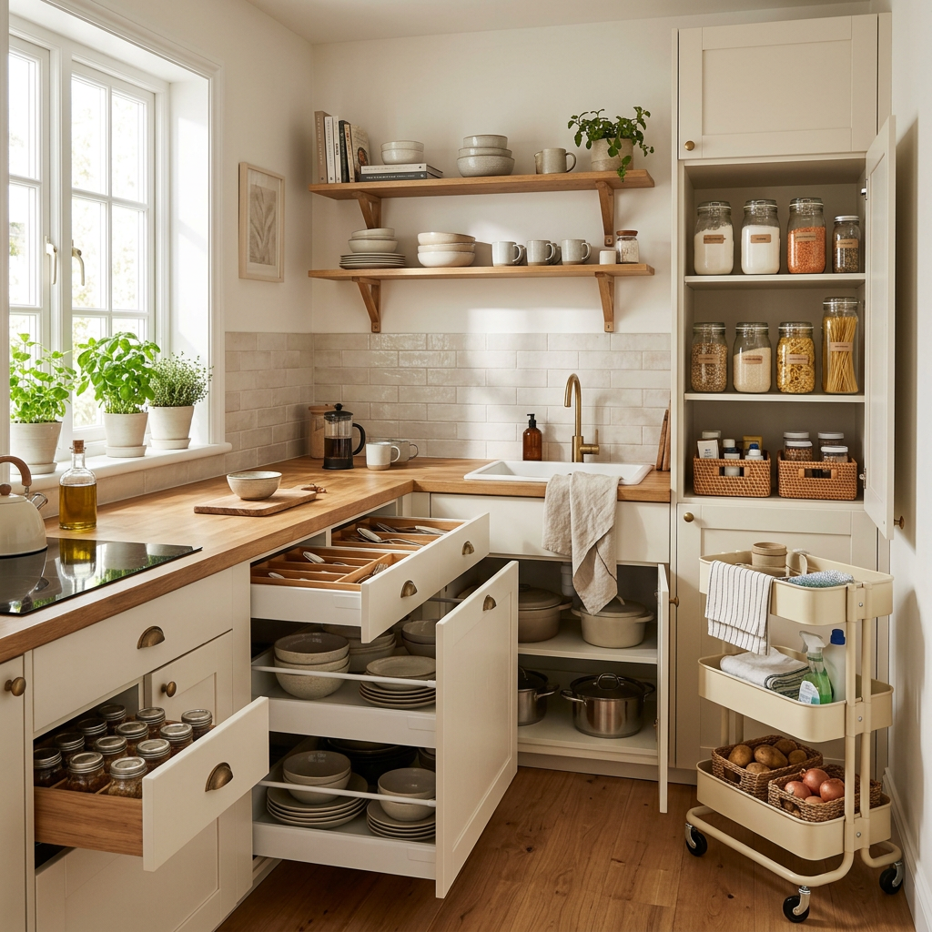 Bright farmhouse kitchen with open drawers, shelves, pantry jars, and rolling cart