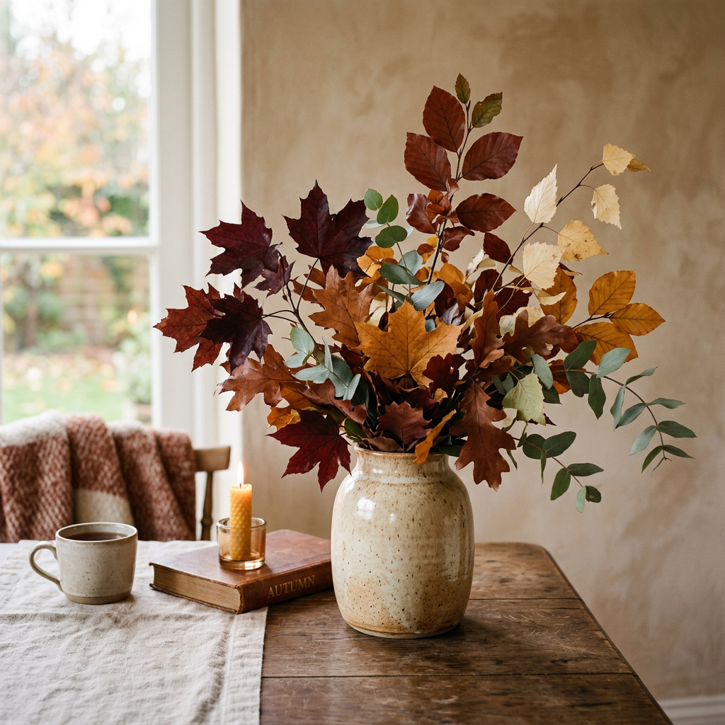Autumn leaves in a ceramic vase beside coffee, candle, and book